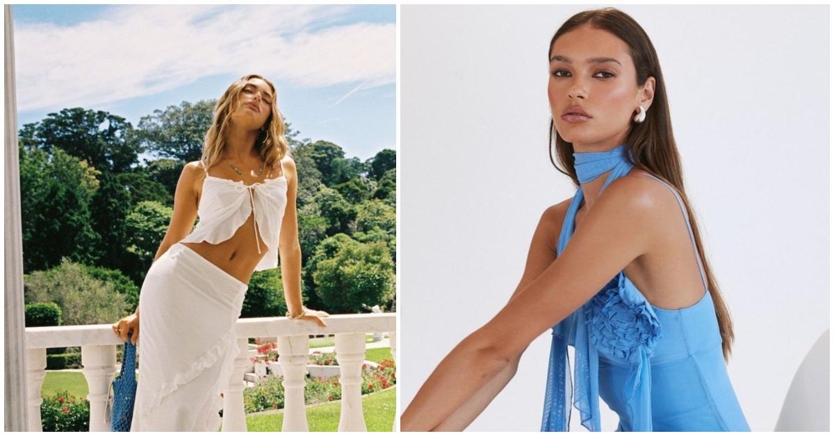 Model poses in Princess Polly white two-piece set on a balcony (left), and another model poses in a Princess Polly blue tank top and scarf in a studio (right). 