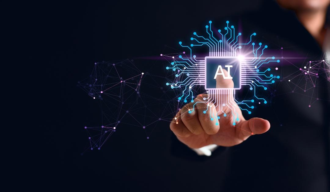 An Artificial Intelligence AI circuit board is pictured being touched by a businessman's finger