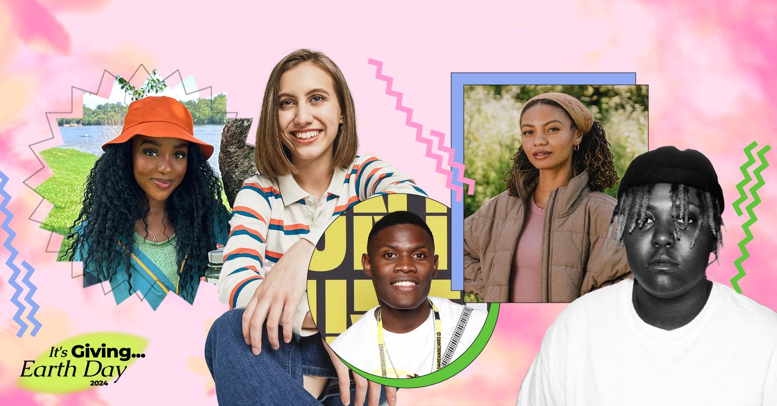 On a pink background, a collage with photos of five climate activists: Wawa Gatheru, Alexandria Villaseñor, Nyombi Morris, Leah Thomas, and Vic Barrett