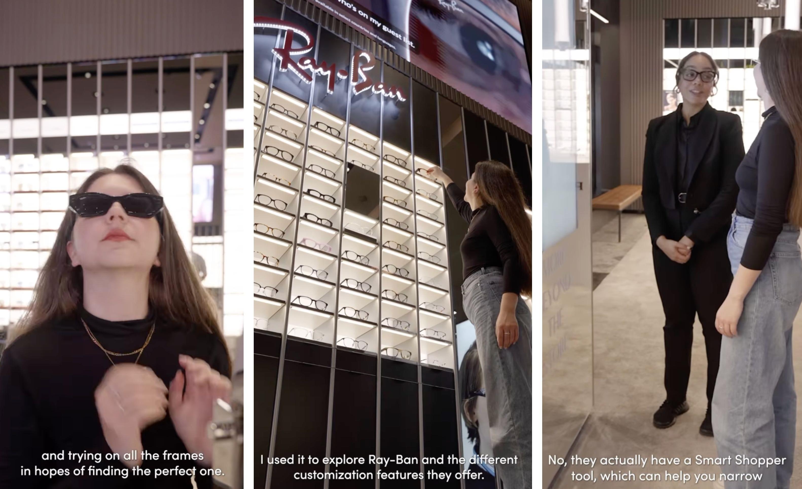 Three screenshots depict a LensCrafters customer picking out glasses with an employee.