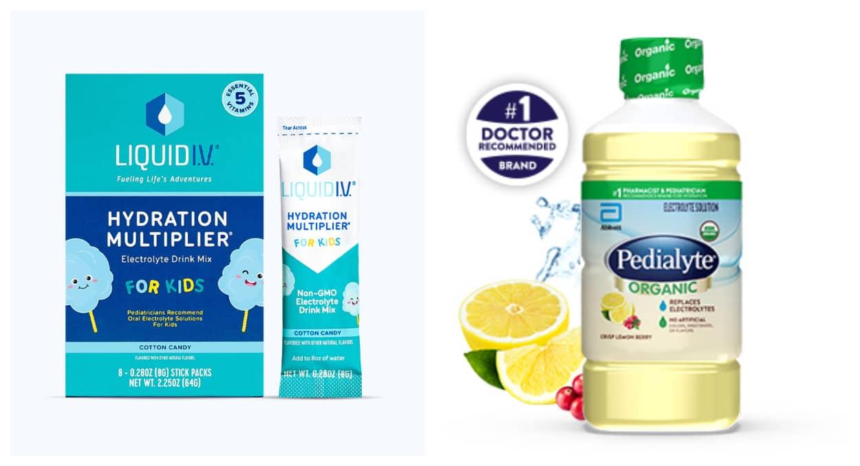 Product images of Liquid I.V. Hydration Multiplier for Kids, and Pedialyte Organic