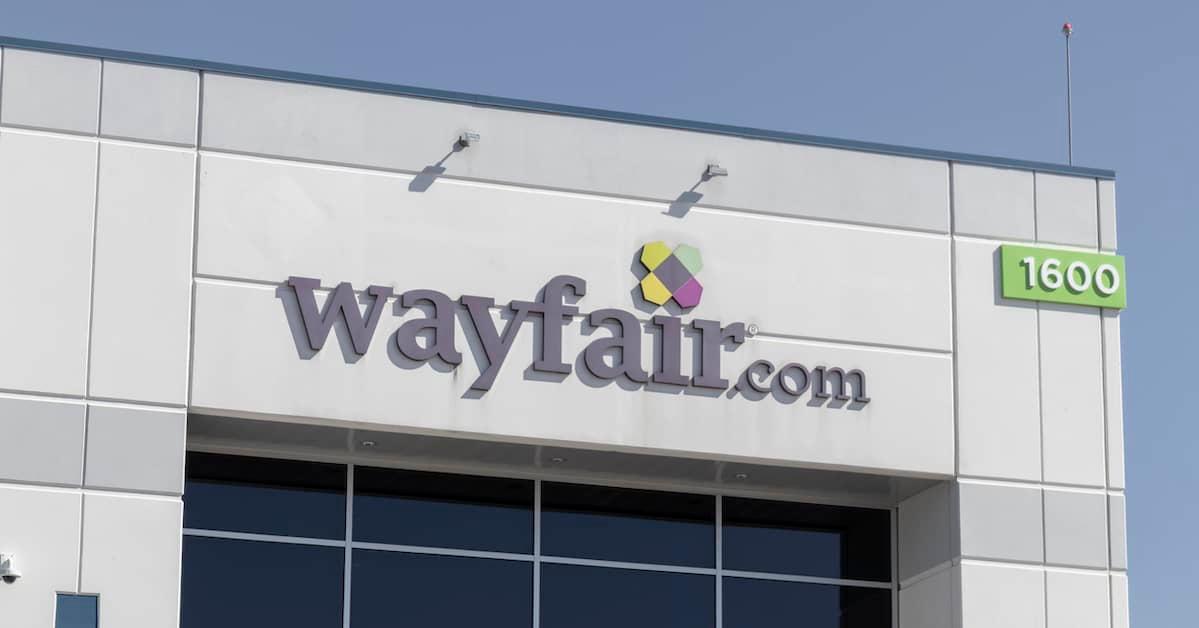Closeup of Wayfair logo on the front of a building
