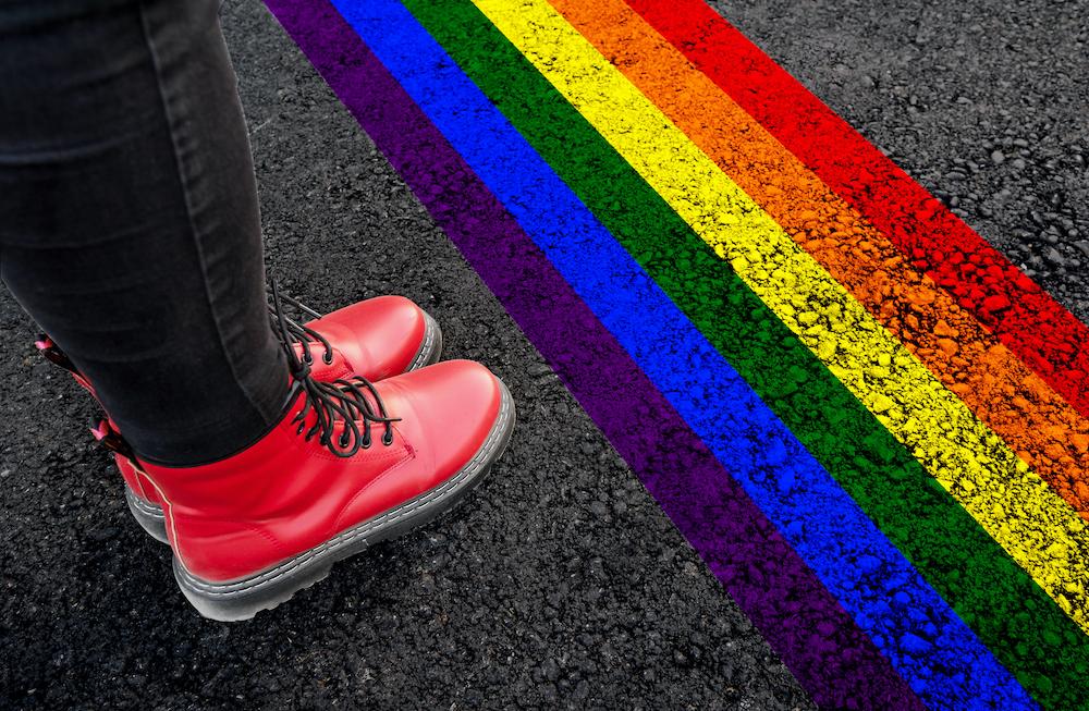 Rainbow pavement and red shoes. 